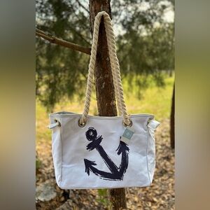White Canvas Tote Bag with Navy Anchor Print and Rope Handles